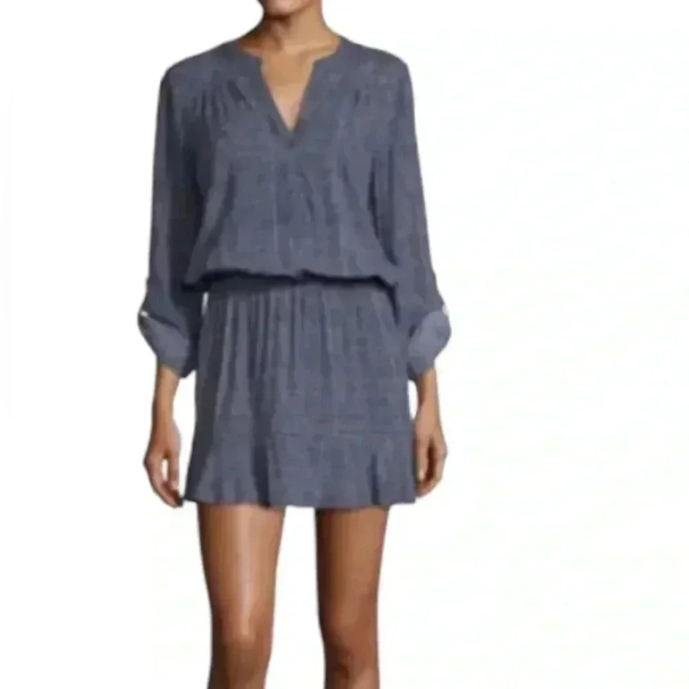 Joie Acey Button-Front Long-Sleeve Printed Navy & White Dress roll tab